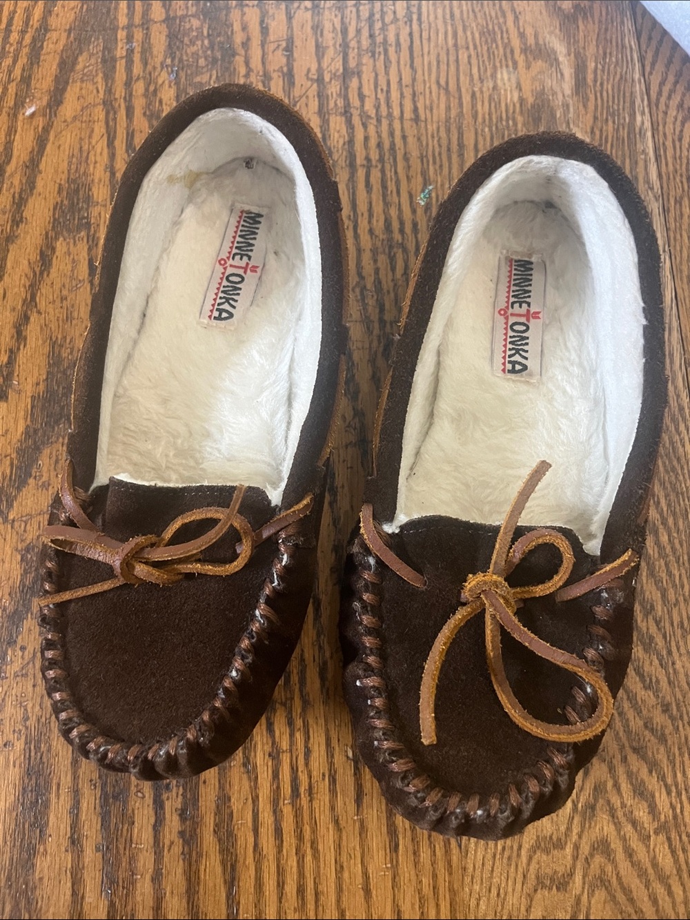Minnetonka Chocolate Brown Suede Moccasins with Faux Fur Lining